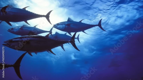 School of tuna swim under a bright sky