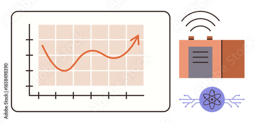 Line graph with upward trend on grid, wireless device with signals, atomic icon with circuit lines. Ideal for analytics, technology, communication, statistics, progress tracking, research