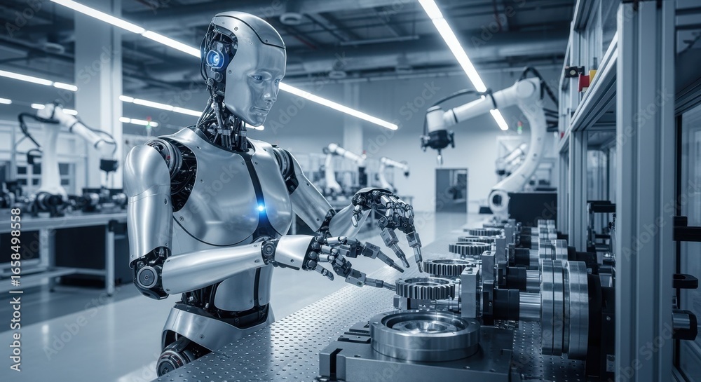 Fototapeta premium Robotic humanoid technician calibrating harmonicdrive gear fixtures for consistent lapping results in stateoftheart precision manufacturing hall.