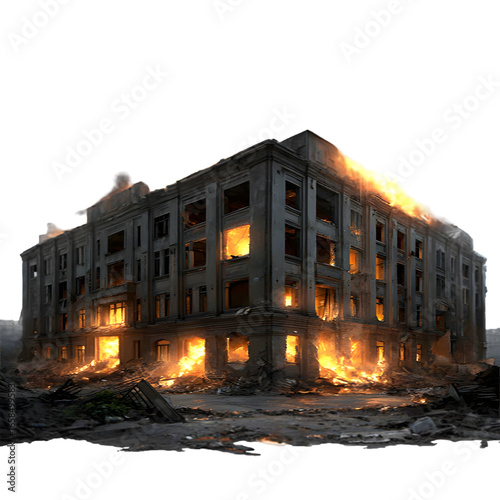 A large, multistory building engulfed in flames, with smoke billowing from the roof and windows, set against a stark transparent background, symbolizing destruction and disaster
