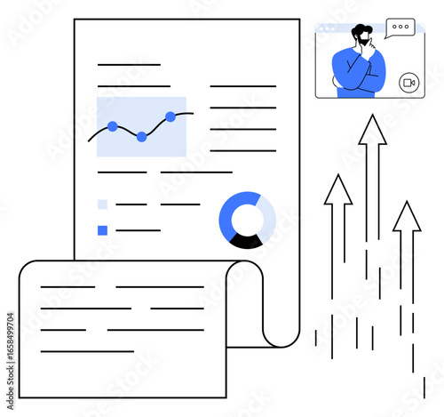Analytical report with charts and graphs, online video call participant, upward arrows symbolizing growth. Ideal for business, teamwork, analytics, data reporting, online communication, corporate