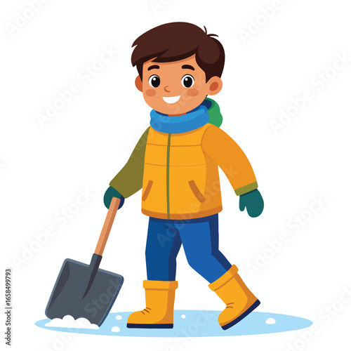 A smiling young boy in winter attire is depicted walking with a shovel, clearing snow.