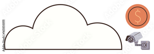 White cloud outline, security camera, and coin symbolizing cloud computing, surveillance, and financial planning. Ideal for technology, data storage, security, finance digital innovation
