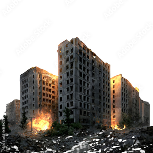Ruined apartment buildings engulfed in flames and smoke, depicting a scene of urban destruction and war aftermath, isolated on transparent background