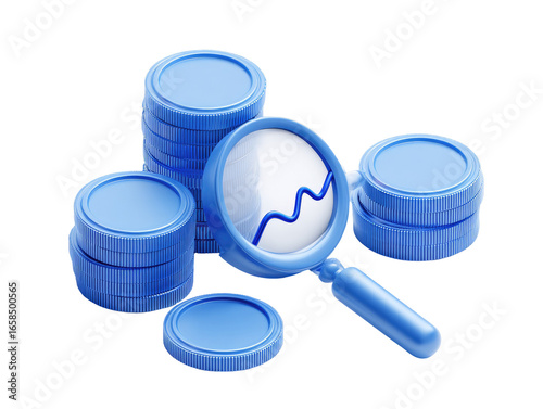 Stack of blue coins under a magnifying glass with a graph