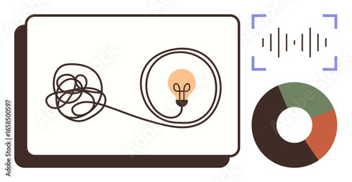 Tangled line evolving into a light bulb suggests problem-solving. Accompanied by a pie chart and soundwave. Ideal for creativity, innovation, strategy, analysis, teamwork, productivity, education