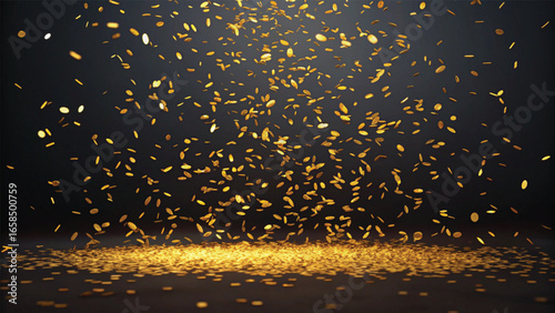Falling Gold Coins Showering on a Dark Surface money