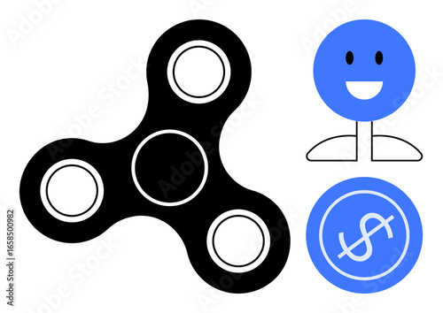 Black fidget spinner, blue happy face on a pedestal, and a coin with dollar marking. Ideal for stress relief, fun, focus, simplicity, money happiness balance. Minimalistic flat metaphor