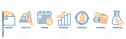 Sales growth con set vector concept with icon of amount, analytic, period, increase, strategy, economy and financial 