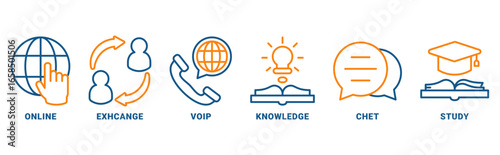E-Learning icon set vector concept with icon of online, exchange, voip, knowledge, chat, study 