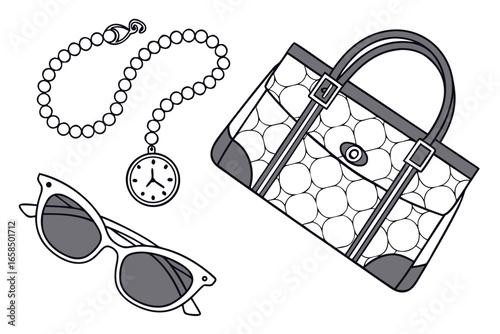 Fashionable accessories including a handbag sunglasses and a pearl necklace with a pocket watch