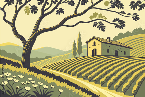Idyllic tuscan landscape with farmhouse and vineyard