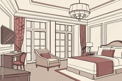 Elegant hotel bedroom with large windows and luxurious furnishings