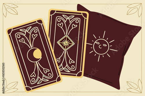 Mystical tarot cards with celestial symbols and a sun illustration on a cushion
