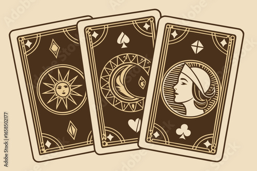 Tarot cards with sun moon and queen designs