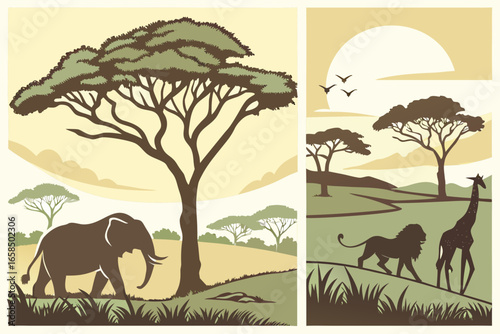 African safari scene with elephant lion and giraffe under acacia trees