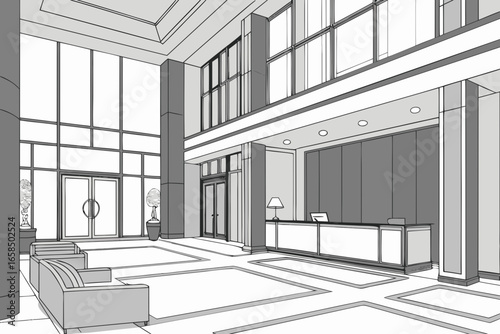 Modern lobby interior architectural sketch with large windows and reception desk