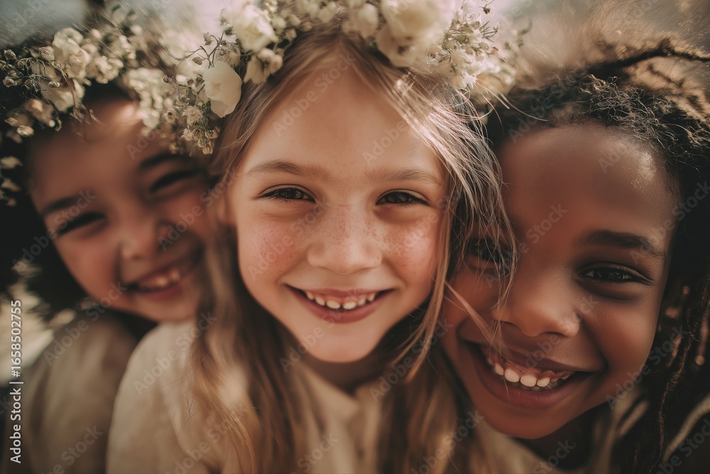 Fototapeta premium Joyful children smiling brightly with flower crowns, celebrating friendship and happiness together