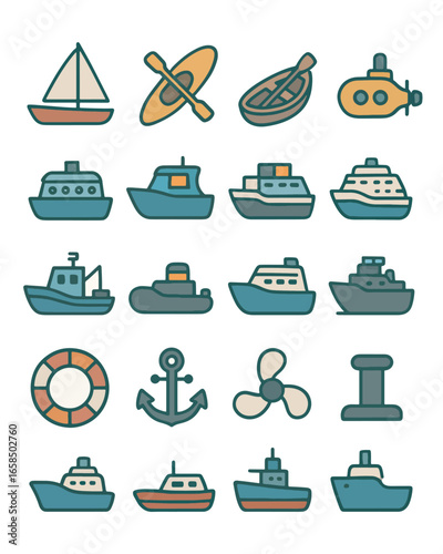 Outlined Nautical Vessel Icon Set Collection with Varied Maritime Transportation