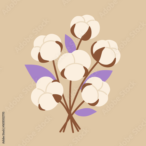Elegant cotton flower bouquet illustration in flat style with soft pastel colors, perfect for eco branding, wedding invitations, packaging, home decor, textiles, and botanical design projects.