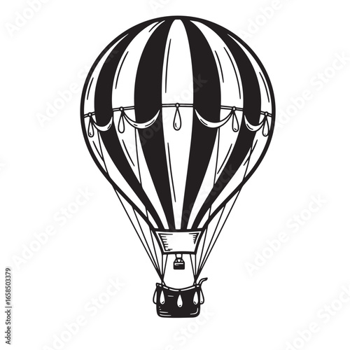 Hand drawn illustration of a hot air balloon featuring black and white stripes in vintage style.