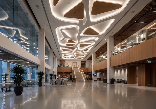 Modern architectural interior with futuristic organic ceiling lighting and spacious hallway