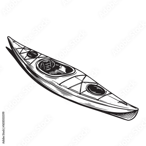 Hand drawn illustration of a kayak in black and white on an isolated white background