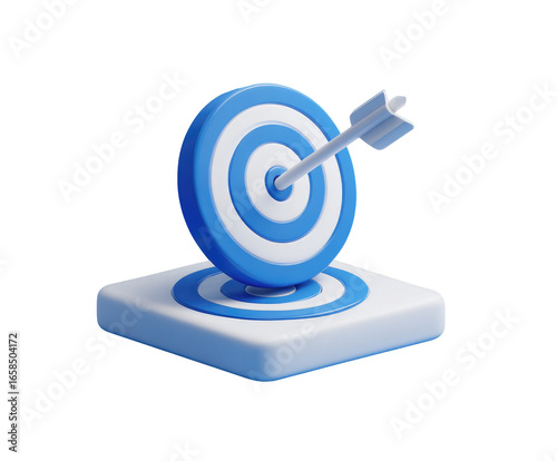 3D target icon with arrow, light blue, on a light gray base