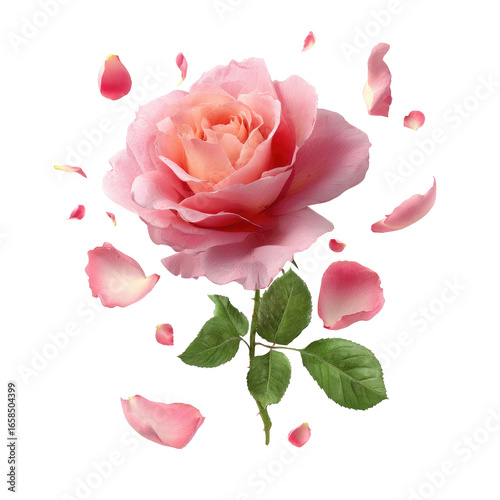 Pink rose with scattered petals on black background.