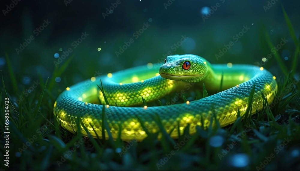 Fototapeta premium Mysterious glowing green snake coils in dark grassy field at night. Bioluminescent reptile features intricate scales, bright red eyes. Small glowing lights float around, creating magical forest