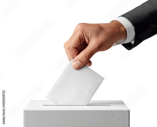 A hand in a suit jacket inserts a blank ballot into a white voting box
