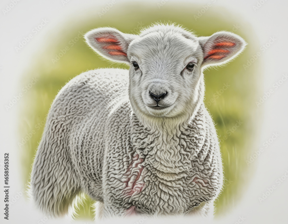 Fototapeta premium Adorable White Lamb Standing in a Lush Green Meadow Portrait