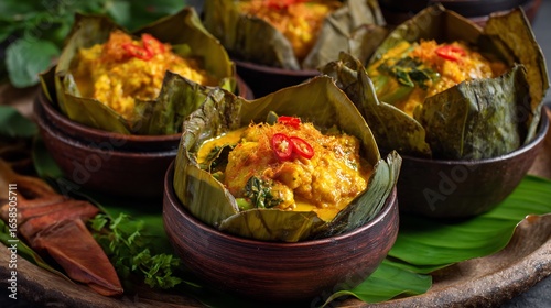 Cambodian amok curry banana leaf bowls traditional serving style