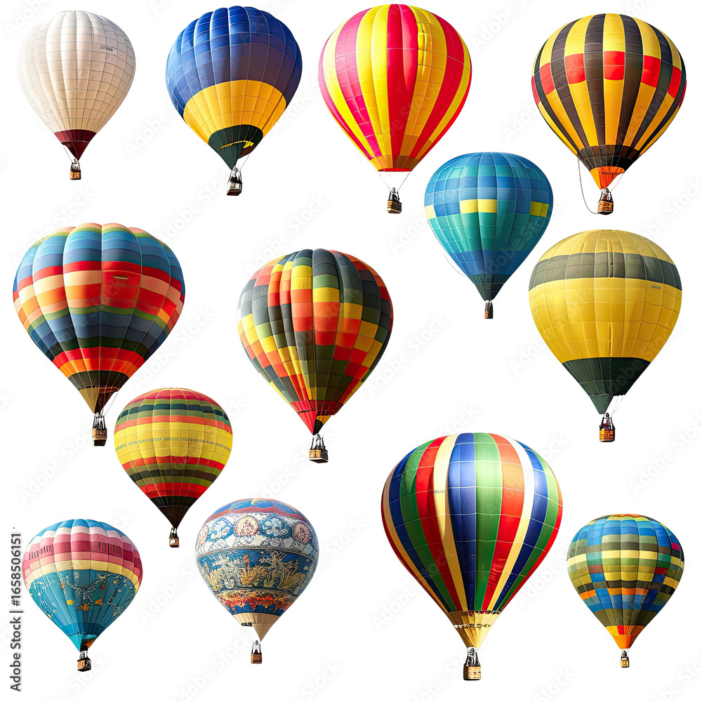 Fototapeta premium Colorful hot air balloons in various patterns against a black background