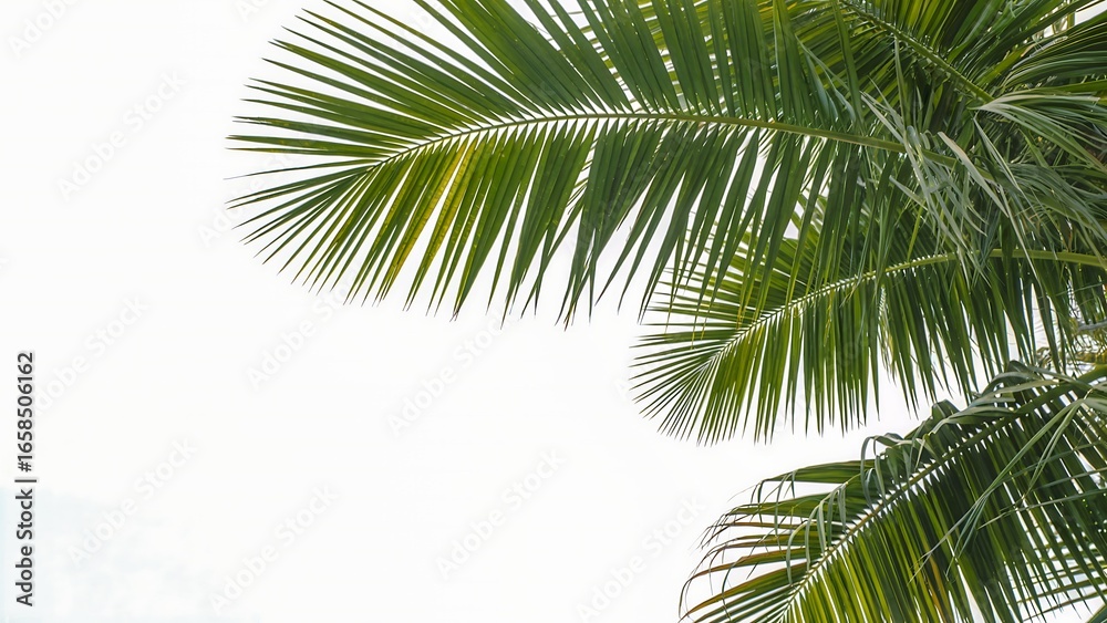 Fototapeta premium Closeup of lush green palm tree leaves against a bright, clear white sky, creating a minimalist and tropical feel, perfect for summer and nature themes