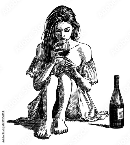 woman sitting on ground holding wine glass isolated hand drawn sketch illustration poster card contemplative relaxed mood alcoholism addiction wears an off-shoulder dress bottle rests beside her