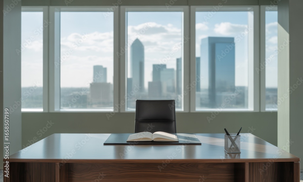 Fototapeta premium Office desk with open book, overlooking city skyline through large windows