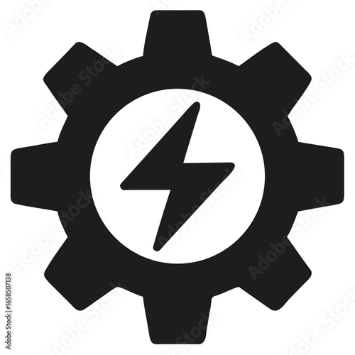 Gear icon with a lightning bolt symbol inside on a black background mechanical industry