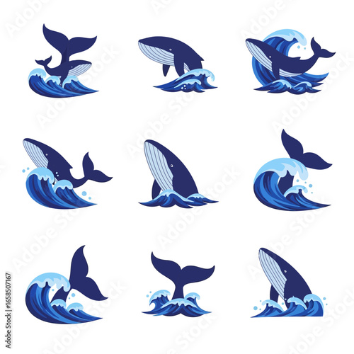 Collection of stylized blue whales breaching and diving through crashing ocean waves