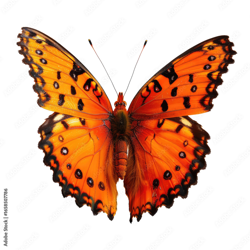 Fototapeta premium and keyword list based on the image, following your requested format.. Orange Butterfly Spotted, Wings Open, Isolated on Black Backdrop, Bright Detail