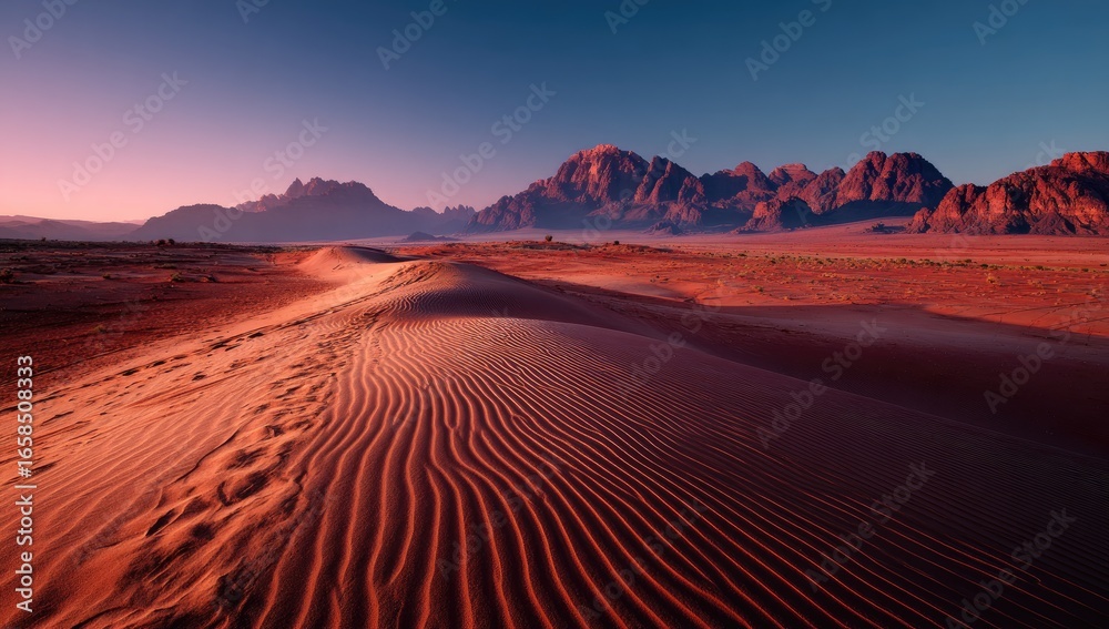 Naklejka premium Sunrise over red sand dunes and distant mountains