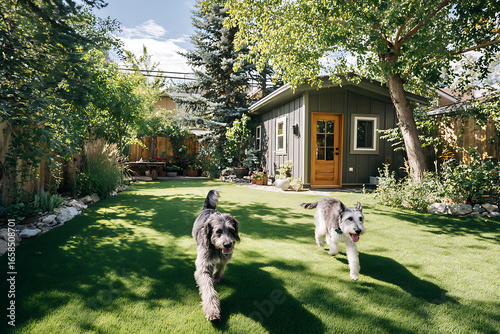 Two joyful dogs running on a lush green lawn in a beautifully landscaped backyard on a sunny day.