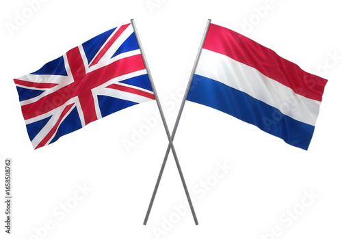 United kingdom and netherlands flags crossed isolated on transparent background