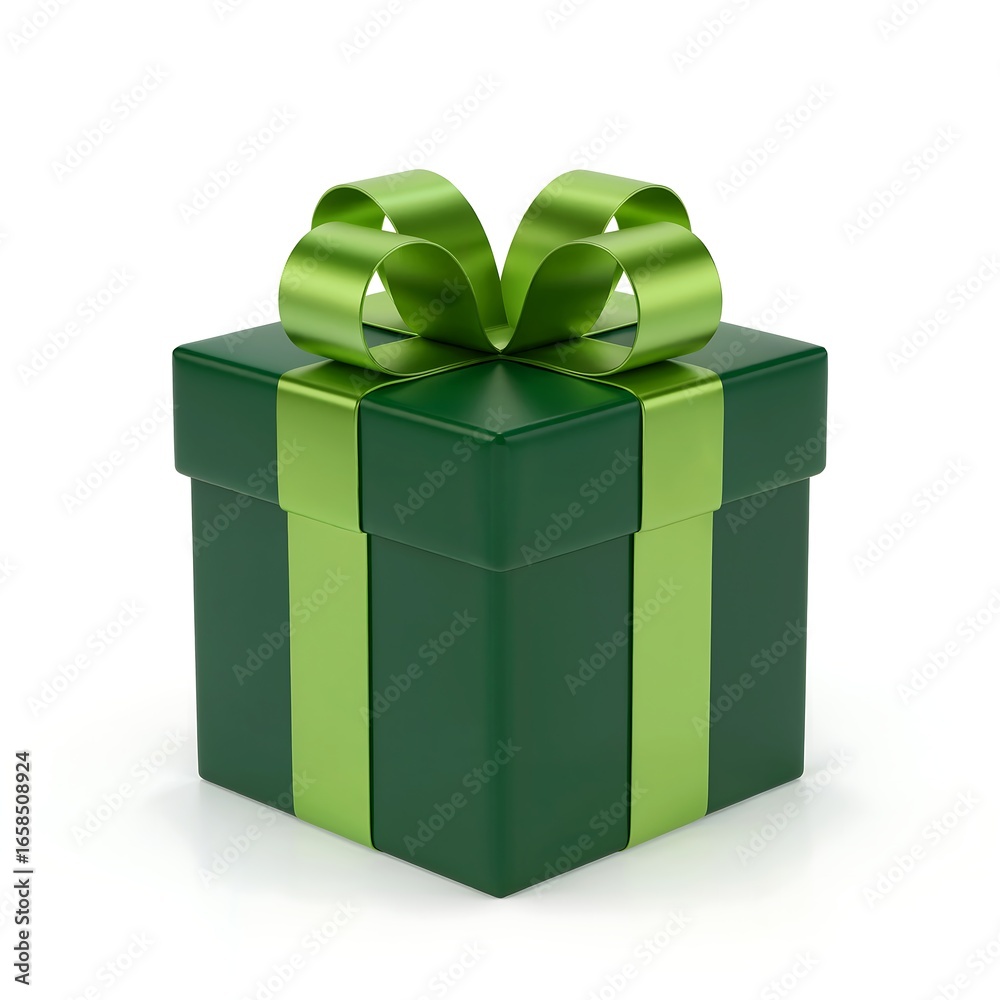 Obraz premium A dark green gift box with a bright green ribbon and bow, isolated on white background