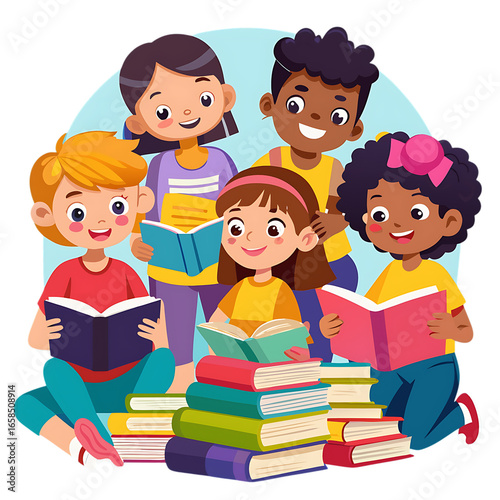 Diverse group of children reading books together isolated on transparent background