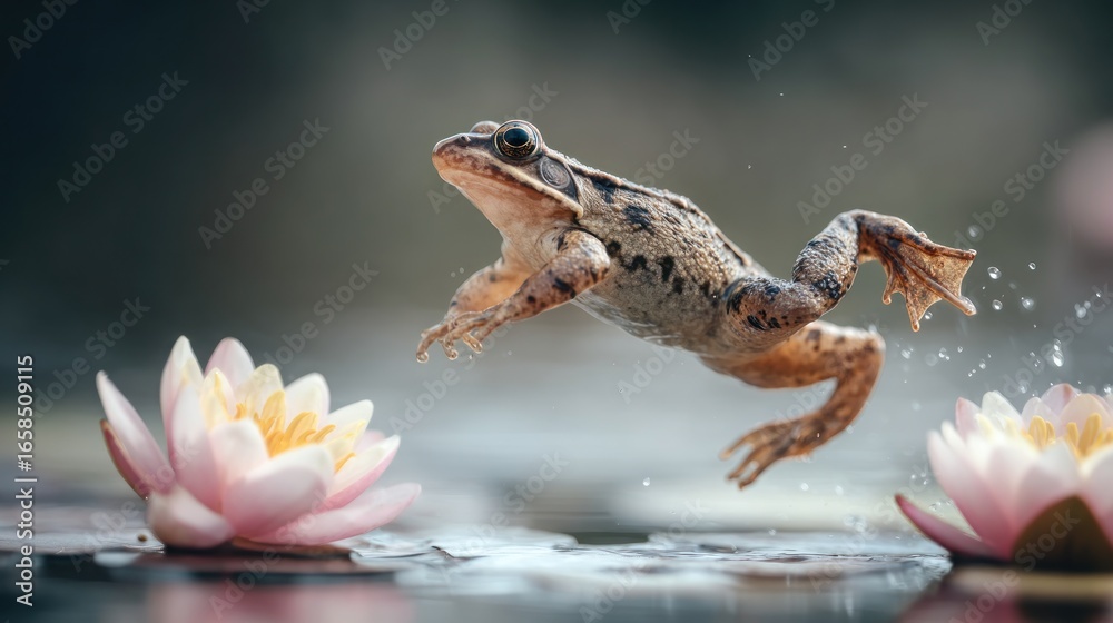 Fototapeta premium Frog leaping over water lilies