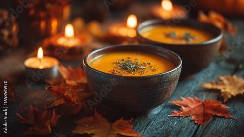 Fototapeta Naklejka Na Ścianę i Meble -  Cozy autumn pumpkin soup leaves and candles seasonal mood