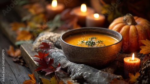 Fototapeta Naklejka Na Ścianę i Meble -  Cozy autumn pumpkin soup leaves and candles seasonal mood