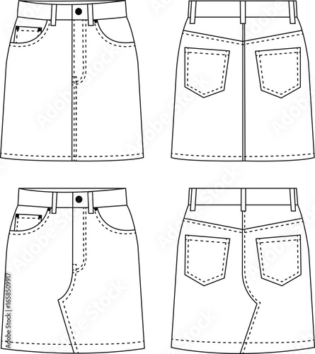 Denim Mini Skirt with Pockets | Technical Fashion Illustration | Flat Apparel Template CAD | Front and Back Views