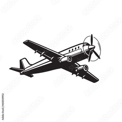 Vintage propeller airplane black and white illustration for retro aviation concepts